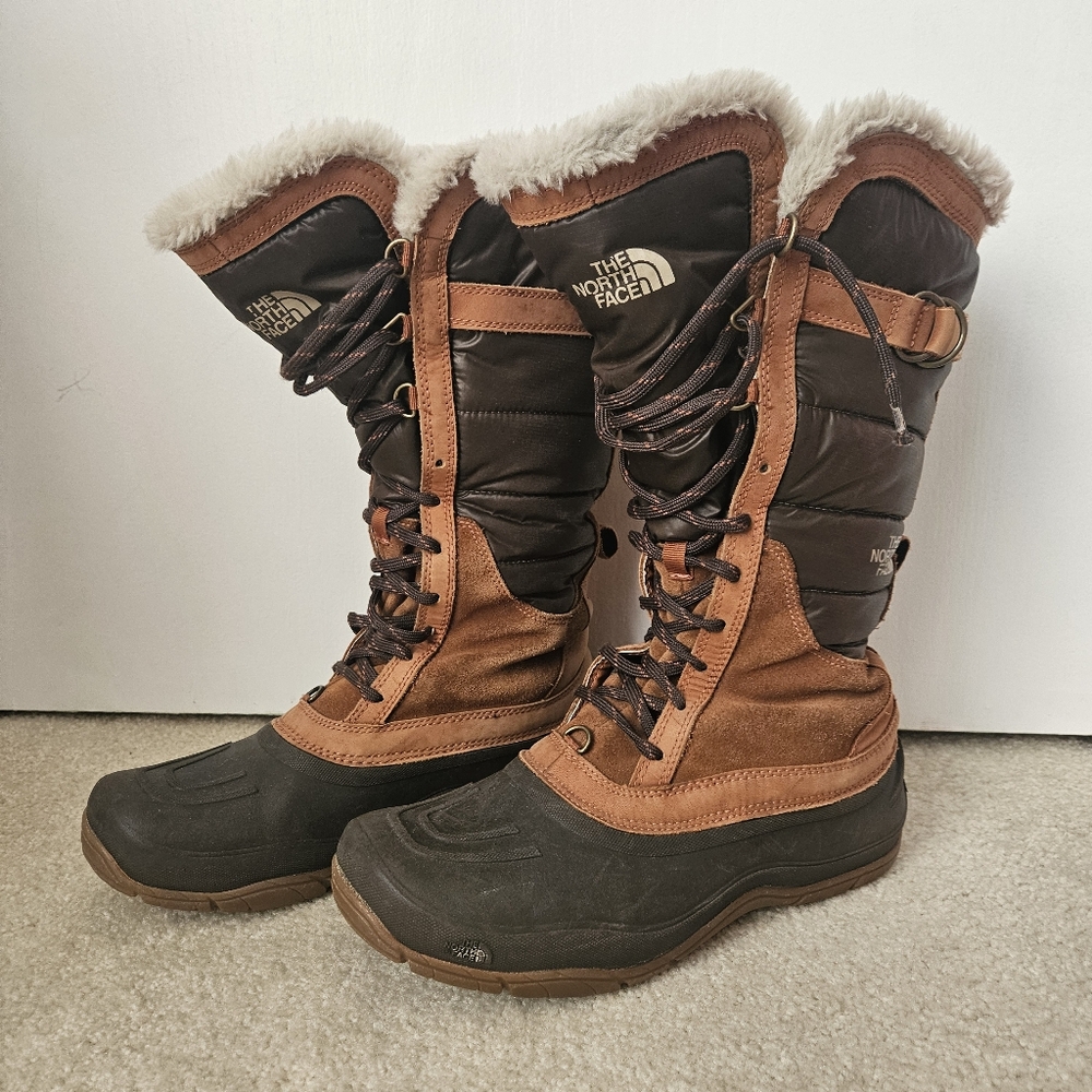North Face Shellista Luxe Tall Lace Up Snow Boot w/ Fur, Brown/Tan, S 10